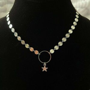 Silver Round Rivets w/ Ring & Star Dangle Necklace